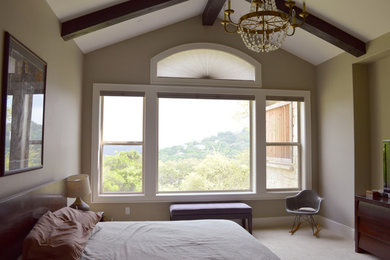 Example of a large minimalist master carpeted bedroom design in Austin with beige walls