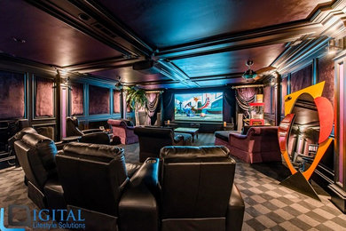 Home theater - large tropical carpeted and multicolored floor home theater idea in Atlanta with a projector screen