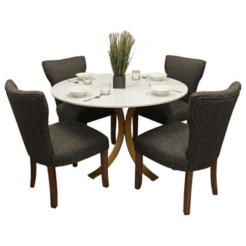 Haskell Dining Set With 48" Round Marble Top Table & 4 Dark Gray Linen Chairs