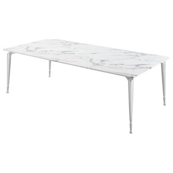 Nicole Miller Cedric Marble Dining Table With Metal Legs, White/Silver, 90"