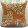 Indian Paisley Orange Art Silk 22"x22" Pillow Cover, Traditional Paisleys