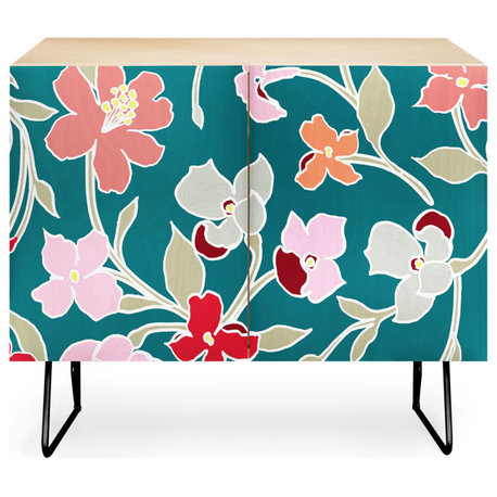 Deny Designs Turquoise Pastel Flowers Credenza, Birch, Black Steel Legs