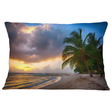 Beautiful Beach with Palms in Barbados Modern Seascape Throw Pillow, 12"x20"