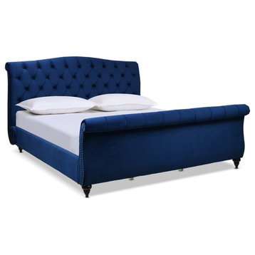 Nautlius King Bed Frame With Headboard and Footboard, Navy Blue Velvet