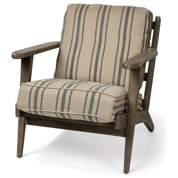 Olympus II Brown Velvet with Dark Brown Solid Wood Frame Accent Chair, Beige Striped Fabric/Medium Brown Wood