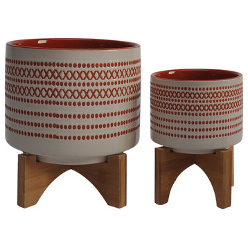 Ceramic 2-Piece Set, 5" and 8" Aztec Planter On Wooden Stand, Orange