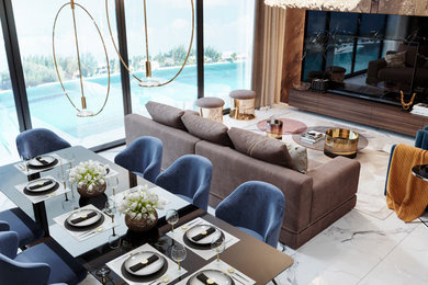 Large trendy formal and enclosed porcelain tile and white floor living room photo in Other with brown walls, no fireplace and a tv stand