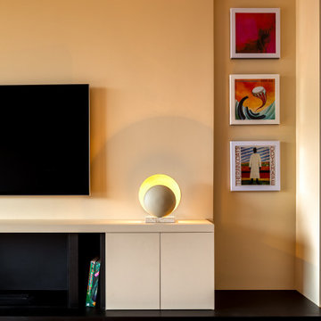 Bespoke tv unit with biofuel fire and table lamp