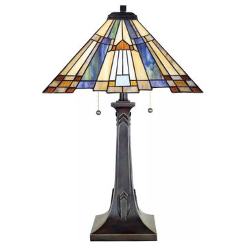 2-Light Tiffany Table Lamp Linear Bronzed Base Geometric Art Glass Panel Shade