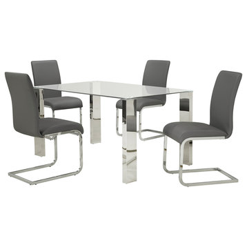 5-Piece Dining Set, Chrome Table With Gray Chair