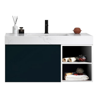 Karton Republic Manarola 42 Matte Black Wall Mount Modern Bathroom Vanity W/Sink (Open Shelves) VAMANMB42WMQZ