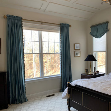 Gathered Silk Drapery Panels with Tassel Fringe, Relaxed Pleated Roman Shade Top