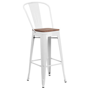 30" High Metal Barstool With Back and Wood Seat, White