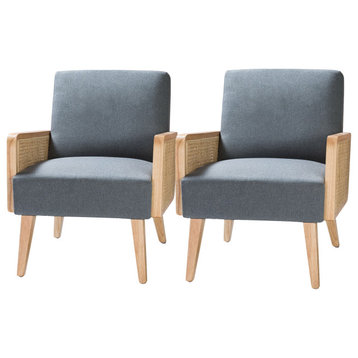 Cane Accent Chair With Rattan Arms Set of 2, Blue