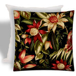 Joita, llc - Dahlia Indoor/Outdoor Zippered Pillow Cover With Insert - DAHLIA is Victorian in color with deep hues of tan, black, green, red, salmon, rust and khaki - but transitional in print with large flowers amid subtle green leaves. Constructed with an outdoor rated zipper, thread and fabric. Printed pattern on polyester fabric. To maintain the life of the pillow cover, bring indoors or protect from the elements when not in use. Machine wash on cold, delicate. Lay flat to dry. Do not dry clean. One cover with zipper and one insert included.