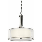 Kichler Lighting - Kichler Lighting 42385AP Lacey - Four Light Inverted Drum Shade Pendant - This 4 light pendant from the Lacey Collection offers a beautiful contrast, melding the charm of Olde World style with clean modern-day materials. It starts with our Antique Pewter Finish and bold, unadorned rounded-arm styling. It finishes with avant-garde double shades made of decorative mesh screens and Opal inner glass. Diameter: 20, Body Height: 23.5, Overall Height: 97.5. Uses 100 watt bulbs or 23-30w CFL.Lacey Four Light Inverted Drum Shade Pendant Antique Pewter Opal Etched Glass White Organza Drum Shade *UL Approved: YES *Energy Star Qualified: n/a  *ADA Certified: n/a  *Number of Lights: Lamp: 4-*Wattage:100w A19 Medium Base bulb(s) *Bulb Included:No *Bulb Type:A19 Medium Base *Finish Type:Antique Pewter