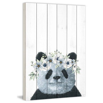 "Floral Crowned Panda" Painting Print on White Wood, 8x12