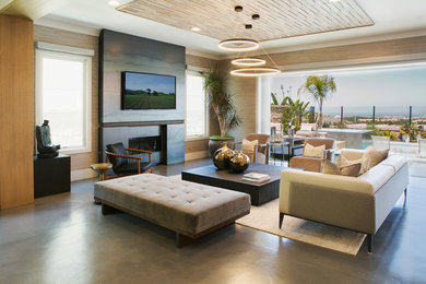 Design ideas for a mid-sized contemporary formal open concept living room in Orange County with beige walls, concrete floors, a ribbon fireplace, a tile fireplace surround, a wall-mounted tv and grey floor.