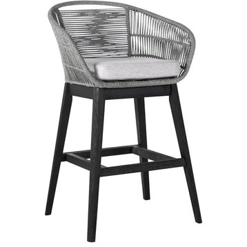 Patio Bar Stool, Black Brushed Wood Legs With Curved Rope Back & Cushioned Seat