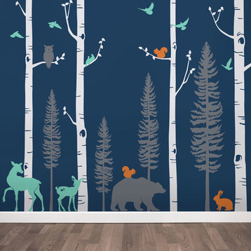 Birch Trees With Animals Wall Decal, Scheme B, 96" Tall Trees
