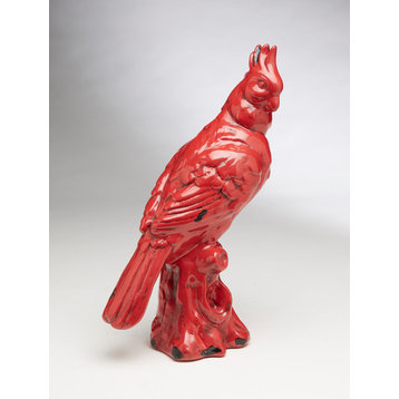 Cockatoo Ceramic Statue, Distressed Red Finish