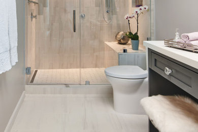 Inspiration for a medium sized bathroom in Los Angeles with a one-piece toilet, a submerged sink, engineered stone worktops, a hinged door, white worktops and a single sink.