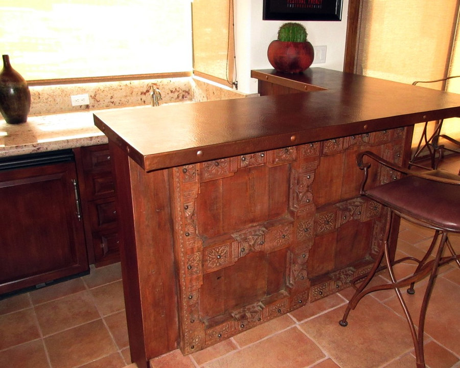 Antique Carved Mahogany Wood Panel And Copper Countertop For