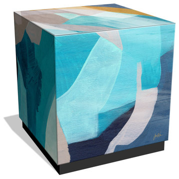 "Puzzle Blues II" Reverse Printed Art Glass Side Table with Black Plinth Base
