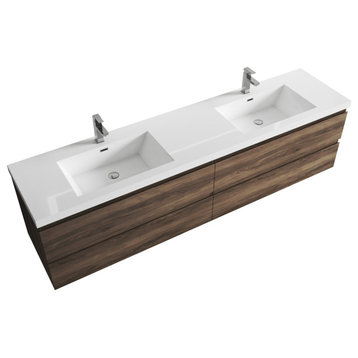 Alma-Pre 4 Drawers Wall Mount Vanity, Integrated White Sink, Rosewood, 84
