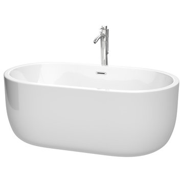 60" Freestanding Bathtub,White,Floor Mounted Faucet, Drain,Trim,Polished Chrome