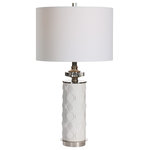 Uttermost - Calia Table Lamp - A unique play on updated traditional style, this ceramic table lamp features a dimensional circle motif embossed into the white ceramic base. Polished nickel plated iron details and crystal accents lend an elegant look to the design. The piece is paired with a white linen fabric drum shade.