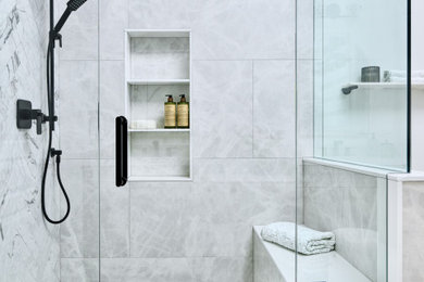 Example of a master porcelain tile ceramic tile and double-sink bathroom design in Toronto with shaker cabinets, an undermount sink, quartz countertops, white countertops, a niche and a freestanding vanity