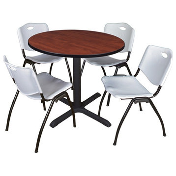 Cain 36" Round Breakroom Table, Cherry and 4 'M' Stack Chairs, Gray
