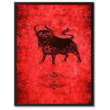 Ox Chinese Zodiac Red Print on Canvas with Picture Frame, 13"x17"