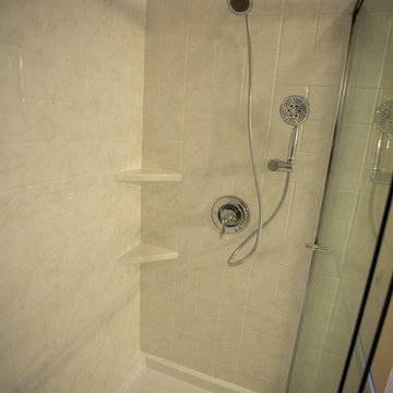 Shower Replacement. Featuring: White Marble Walls