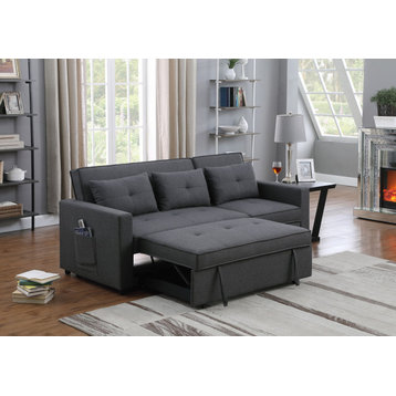 Zoey Linen Convertible Sleeper Sofa With Side Pocket, Dark Gray