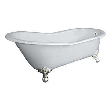 67" Cast Iron Slipper Tub Without Faucet Holes, "Clay", Brushed Nickel Feet