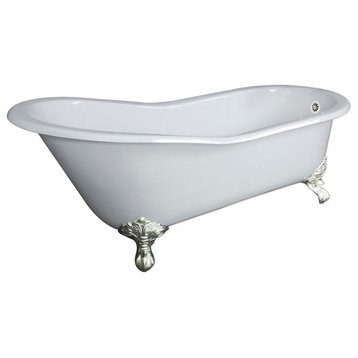 67" Cast Iron Slipper Tub Without Faucet Holes, "Clay", Brushed Nickel Feet