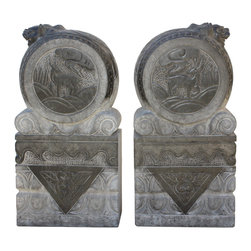 Chinese Pair Gray Black Stone Fengshui Foo Dogs Door Block Drum Statue - Garden Statues And Yard Art