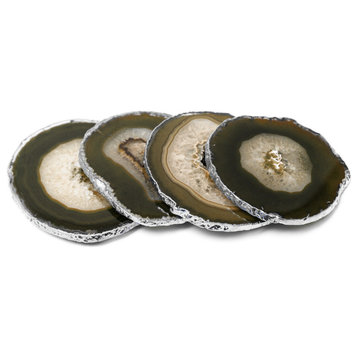 Modern Home Set of 4 Natural Agate Stone Coasters - Natural w/Silver Edge