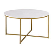 36" Round Coffee Table With Metal X Gold Base, Marble/Gold