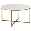 36" Round Coffee Table With Metal X Gold Base, Marble/Gold