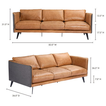 83" Messina Tan Leather Two Tone Modern Sofa Feather Filled Removable Cushions