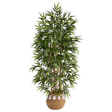 64" Bamboo Faux Tree W/Natural Bamboo Trunks Natural Woven Planter W/Tassels