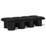 Meridian Furniture - Pavilion Black Boucle Fabric Bench, Black, Black Finish, 72" W X 31" D X 17.5" H - Bring valuable seating and remarkable style to your space with this black Pavilion Boucle Fabric Bench, an exquisite balance of style and usability for the entryway, bedroom, and beyond. Crafted from oak veneer with a black finish, this bench has a 4-inch-thick seat cushion that's channel-tufted for a touch of luxury. The bench's columnar bases add a dash of Art Deco design, making it a captivating focal point in any room.