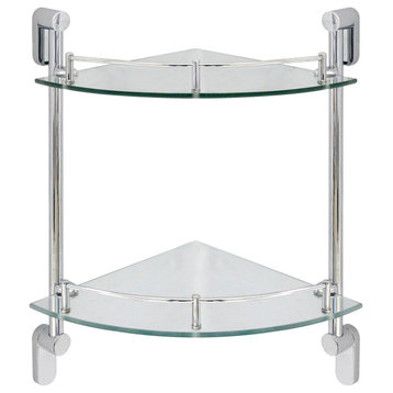 MODONA's 11.5" Double Glass Corner Shelf With Rail, Polished Chrome