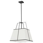 Dainolite - 18" Trapezoid Pendant, Black With White Tapered Drum Shade - 18" Black Trapezoid Pendant with White Shade. This single light LED compatible is recommended for the ceiling in a Foyer or Hall. It requires 1 incandescent bulb, is covered by a 1 Year Warranty and is suitable for either a residental or commercial space.