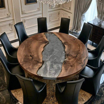 Round Black Walnut & Silver Gray Epoxy Table – Sculptural Centerpiece for Modern