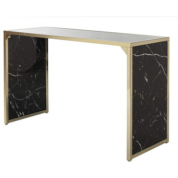Modern Console Table, Brass Metal Frame With Black Marble Top and Side Panels