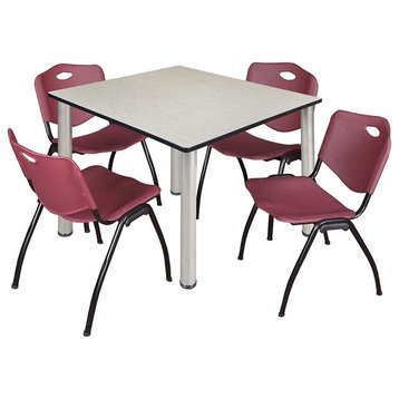 Kee 48" Square Breakroom Table, Maple, Chrome and 4 'M' Stack Chairs, Burgundy
